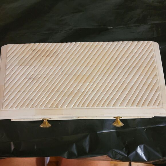 White Ivory Look Inlay On Wood Trinket Box Handmade 2 Drawers - Picture 7 of 10